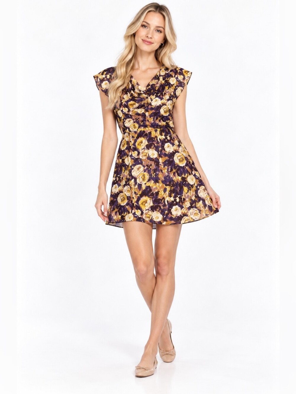 Lands' End Size 12 Floral Mini Shift Sleeveless Dress Ruffled Neck